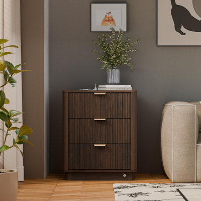 Curved Night Stand With Charging Station Lighting, Wood End Table With 3 Drawers by BONITURE