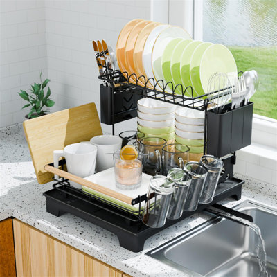 2-Tier Dish Drying Rack With Automatic Drainboard