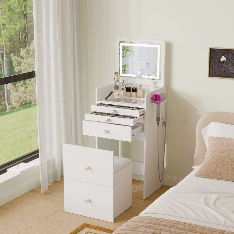 Nykee Vanity With Flip Top Mirror & Power Outlets & Soft Stool, White