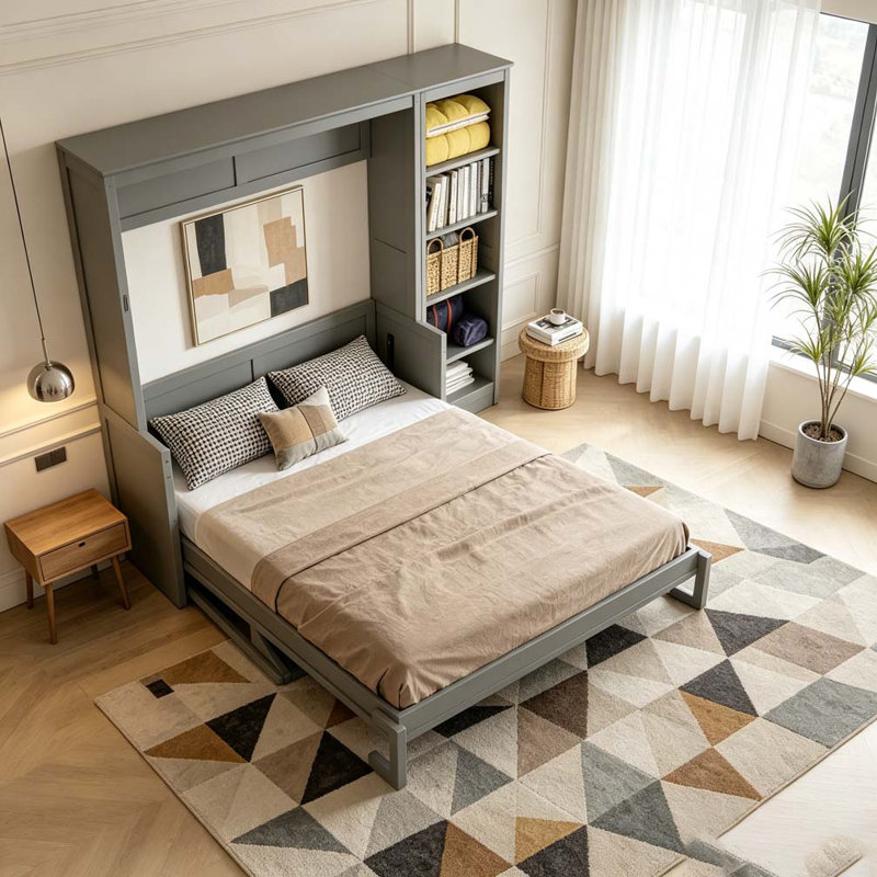 Lit escamotable avec bureau et tablettes Murphy, Double, Gris
