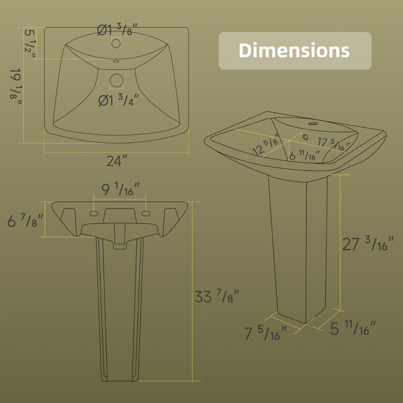 Lavabo sur pied rectangulaire en céramique avec trop-plein 24 "x 19" Los Flexi