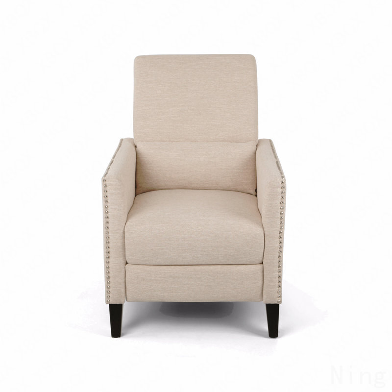 Mid Century Fabric Recliner - Push Back, Side Pocket, Rivet Decoration, Beige