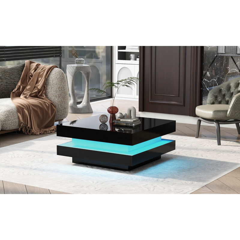 2 tables de salon carrées avec lumières à DEL, noir ultrabrillant, 31,5 po x 31,5 po x 14,2 po, conception de café robuste et noire, élégante