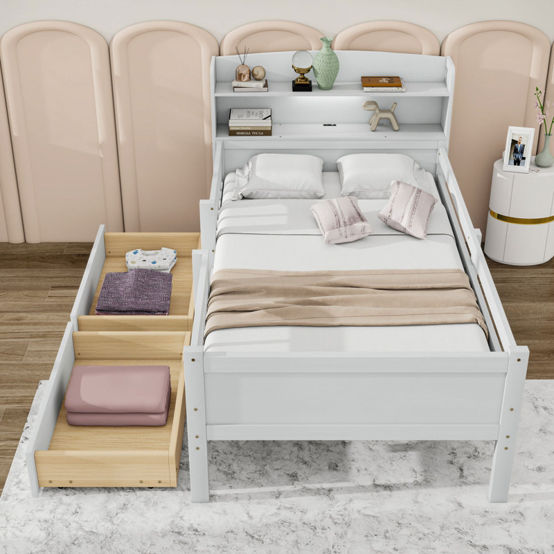 Lit plateforme simple en bois avec tiroirs de rangement, tablettes, port USB et lumière DEL, Blanc