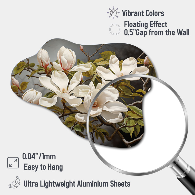 White Green Magnolias Magnolia Serenity - Magnolias Asymmetrical Metal Print, Traditional Cloud Metal Wall Art