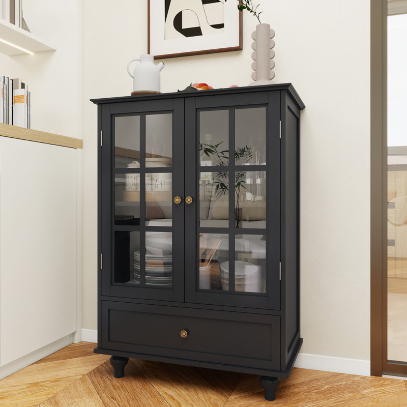Black Storage Cabinet With Glass Door & Adjustable Shelf,Kitchen Floor Cabinet With Drawer For Living Room, Black