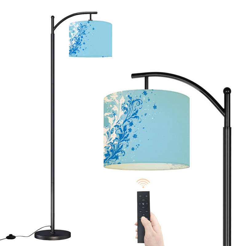 Arc Floor Lamp Blue Floral Swirl Ornament Abstract Botanical Light Blue Floor Lamps with Remote LED Lights Adjustable Lamp Shades Tall Standing Lamps for Reading Office Living Room