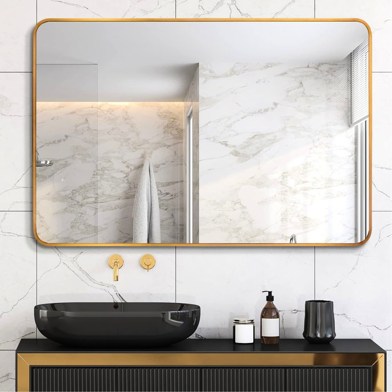 Miroir de salle de bain 30 po x 40 po en métal durable, facile à installer et incassable pour les espaces modernes, Doré