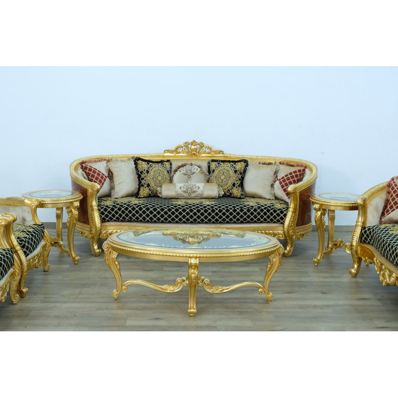 3 Piece Luxor Ii Sofa Set Black Gold Fabric, Black/Gold