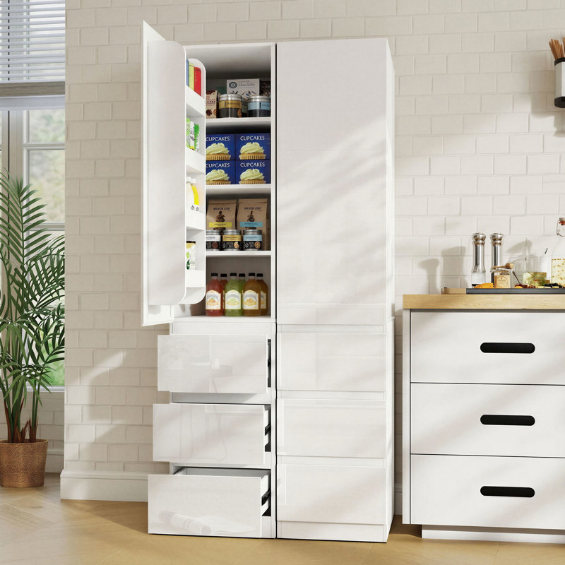 Grande armoire de rangement de cuisine/garde-manger (180 cm) avec 3 tiroirs, 7 tablettes réglables et un porte-accessoires. Armoire de rangement au sol à une porte.