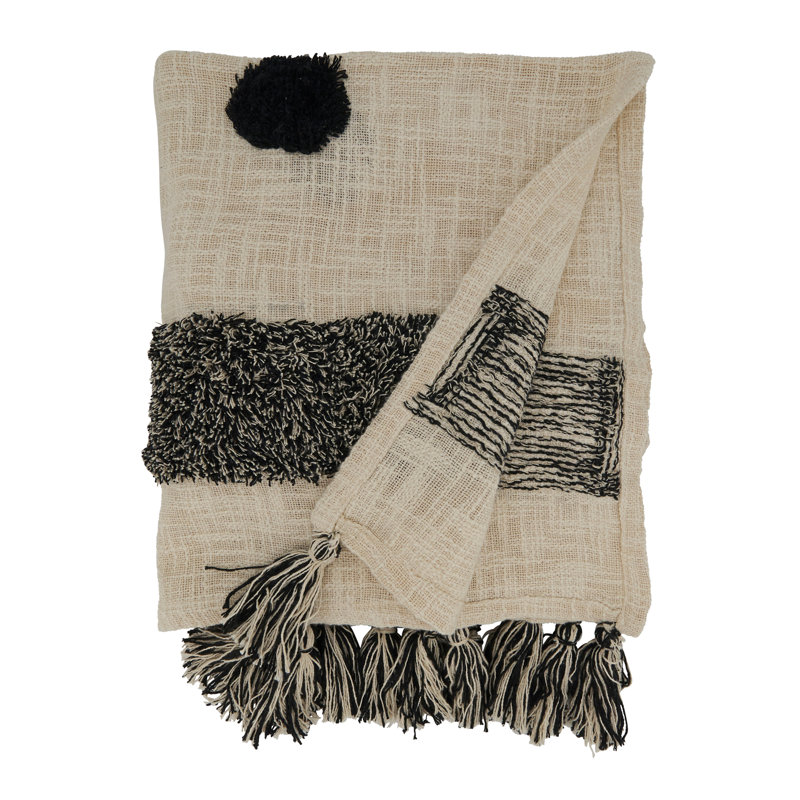 Black and White Cotton Tufted Dot Throw Blanket with Tassels
