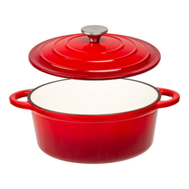 red enameled small cast iron cauldron