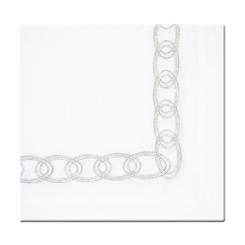 Chain Embroidered Linen Napkin, White/Silver