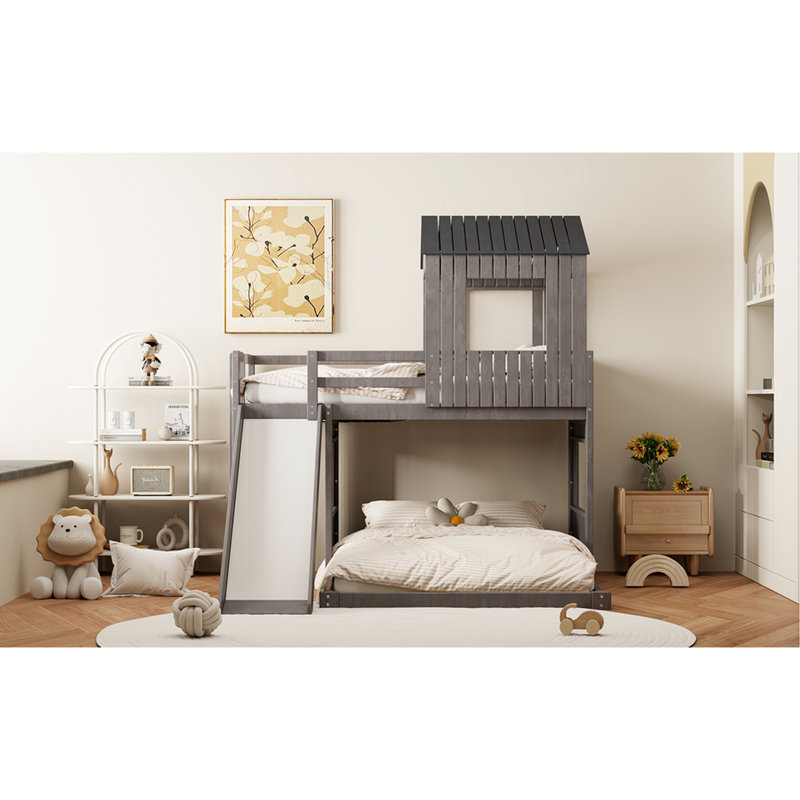 Lit mezzanine en bois avec attrait de maisonnette, lit superposé double en gris antique, coffre-fort et glissières de sécurité, pratique