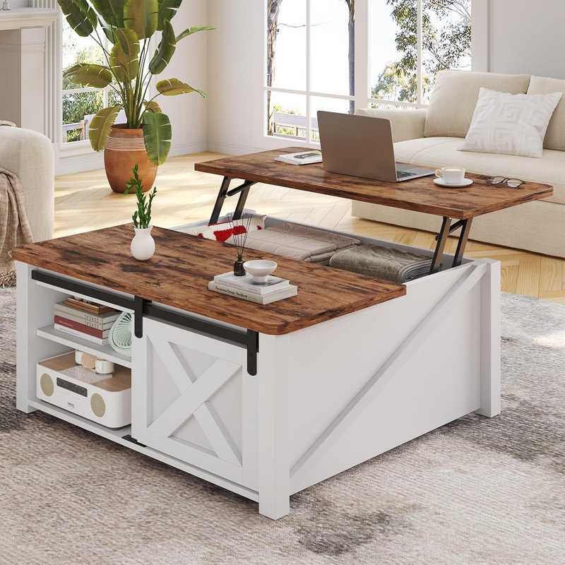 Table basse Farmhouse avec grand compartiment de rangement caché et tablettes réglables, blanc