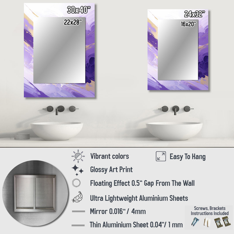 Purple and Gold Dynamic Abstractions I - Purple Modern Wall Mirror, 32 po x 24 po