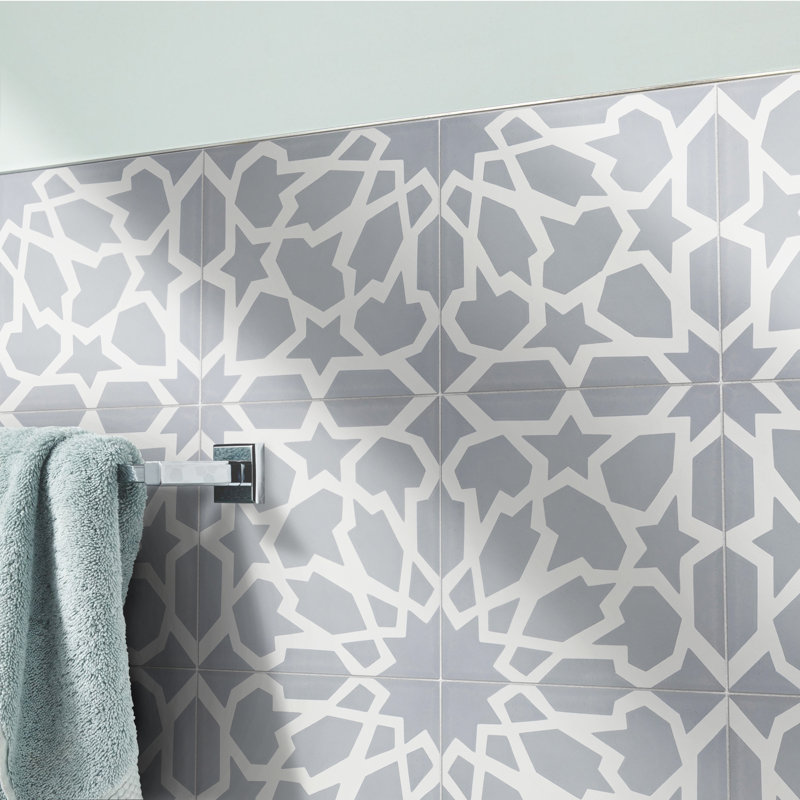 Bahja 8" x 8" Cement Patterned Wall & Floor Tile, Gray/White