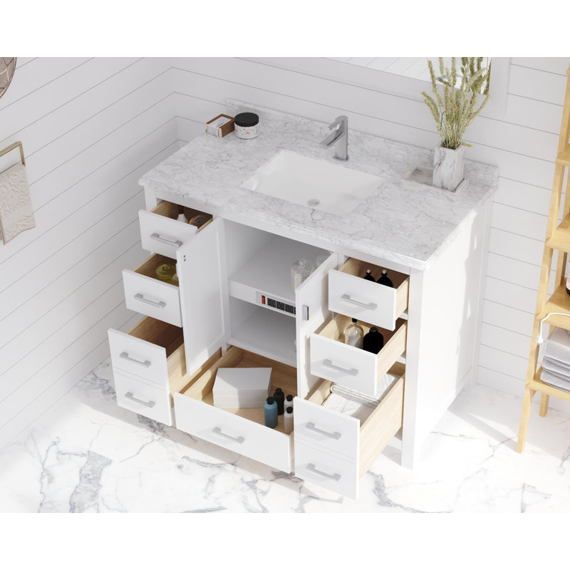 Mariário 42'' Single Bathroom Vanity with Marble Top, White, Matte White