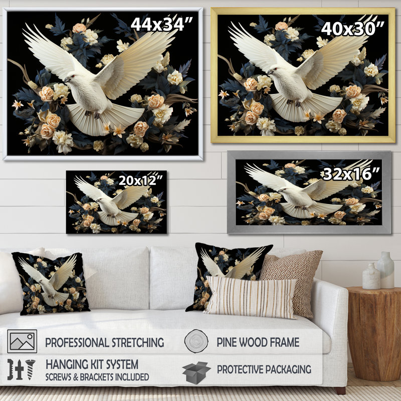 Colombe florale de printemps - art Dovewall, H 16 po x l 32 po x P 1 po, Cadre flottant blanc