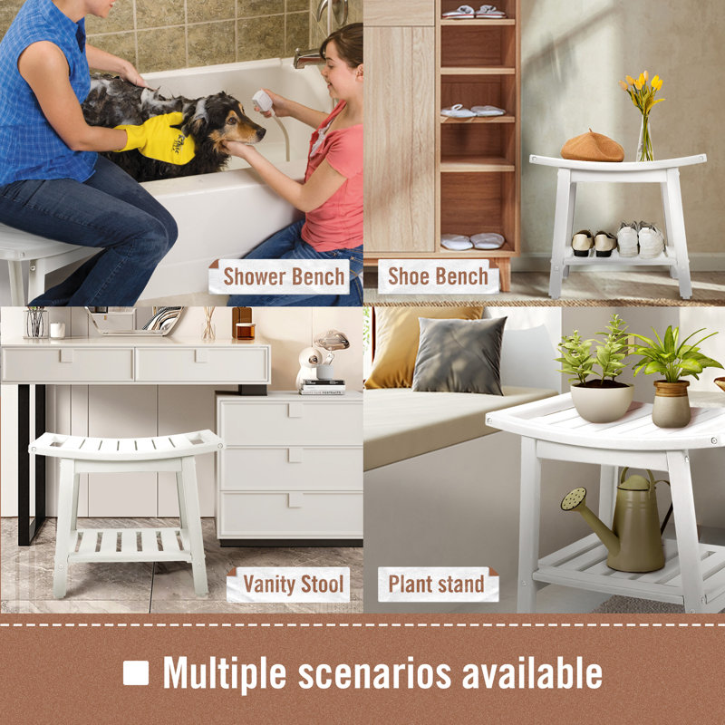 Oberst 21.7"W HDPE Shower Bench Stool with Storage Shelf Waterproof Shower Chair Spa Bath Seat, White