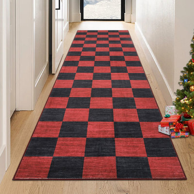 Tapis décoratif de Noël lavable à carreaux avec envers antidérapant, tapis à poils courts résistant aux taches, tapis d'intérieur des fêtes pliable pour chambre à coucher, salon, chambre de bébé