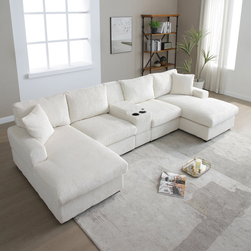 Canapé modulaire 126 po en U surdimensionné en U beige pour le salon, avec console, porte-gobelet, méridienne double, coussins de siège moelleux en mousse à mémoire de forme, dossiers moelleux, coussins lombaires, design moderne,