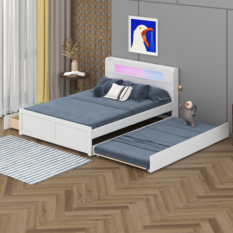 Grand lit plateforme avec rangement en bois avec 2 tiroirs et 1 lit gigogne simple, tête de lit avec rangement à DEL pour enfants adultes