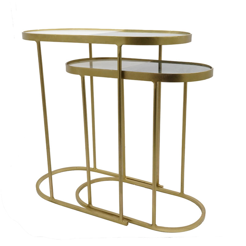 Iron Oval Nesting Tables with 2-Tone Inlay Marble Tops