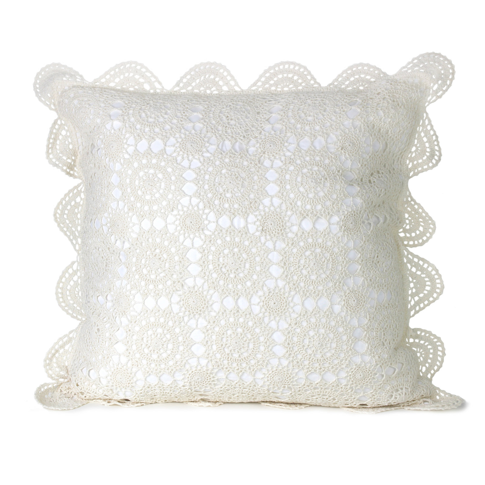 Handmade Cotton Crochet Sham and Pillowcases, Euro, Ivory