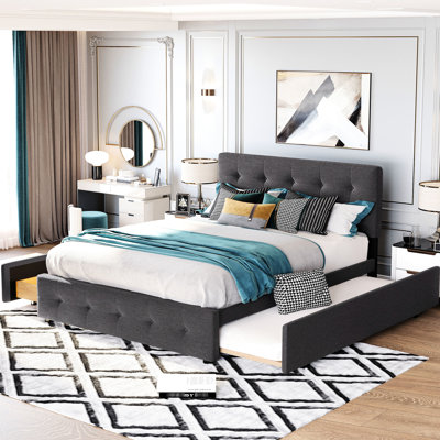 Dark Gray Upholstered Platform Bed In Queen Size, 2 Drawers, Twin Xl Trundle, Foam - Filled Headboard, Wooden Slat Support Upholstery, Strong Frame