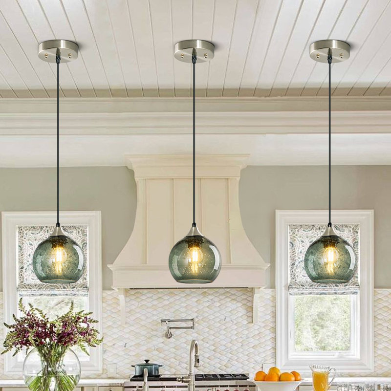 Luminaire suspendu en forme de globe à 3 lumières Charolyn Luminaire suspendu en verre pour îlot de cuisine, Gris / vert