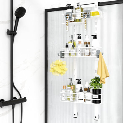 Serviteur de douche réglable au-dessus de la porte - Organisateur de salle de bain antirouille à 3 niveaux avec tablettes amovibles, porte-savon et 4 crochets, fixation à ventouse pour shampooing et articles de toilette