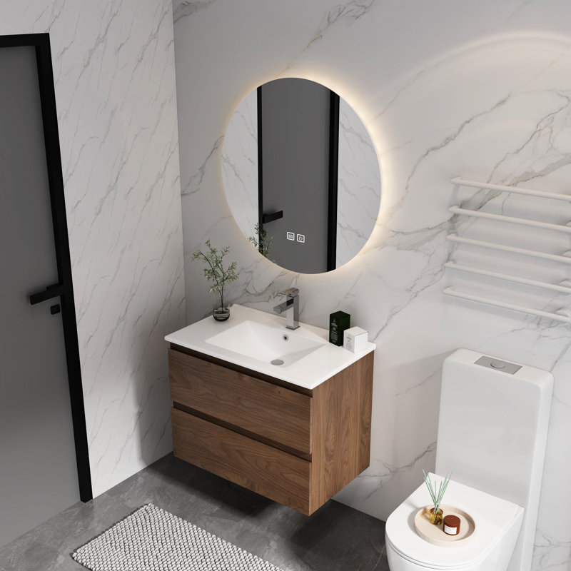 Armoire de salle de bain 24 po avec vasque en céramique. Fixation murale, 2 tiroirs à fermeture en douceur. Élégance contemporaine, design moderne,