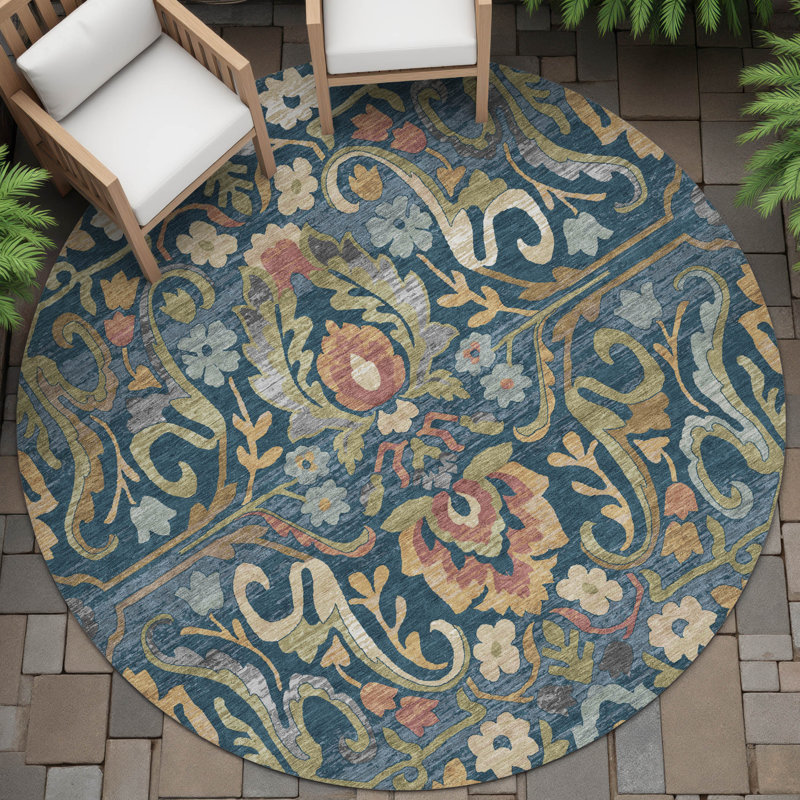 Machine Washable Indoor/Outdoor Husby ACN2193 Floral Rug, Round 8'