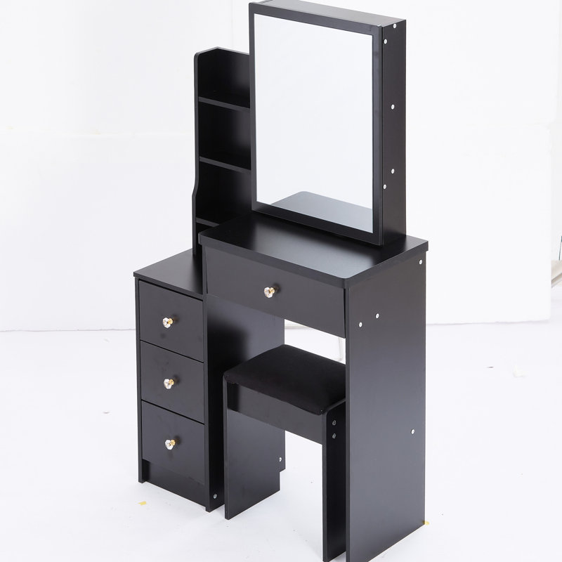 Table de coiffeuse gauche avec tabouret rembourré et très grand miroir coulissant, rangement multi-couches pour les espaces restreints
