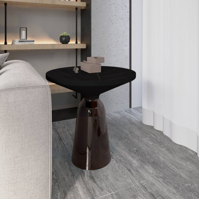 19" Round Side End Table Glass/Sintered Stone Top With Powder-Coated Black Rim And Tempered Glass Base