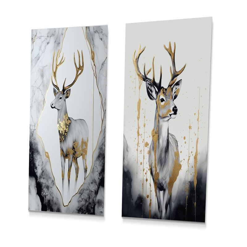 Minimalisme gris et doré cerf I - ensemble de 3 art mural en métal, H 28 po x l 24 po