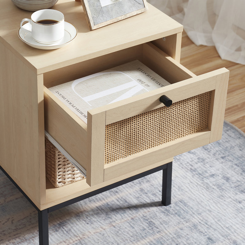 Nestl Wooden Rattan Nightstand End Table with Drawer, Natural, 1