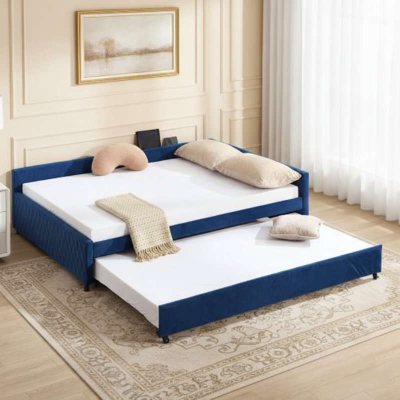 Upholstered Daybed with Trundle, Sturdy Wooden Frame, Modern Diamond Grid Design for Versatile Use in Bedroom or Guest Room (Navy)