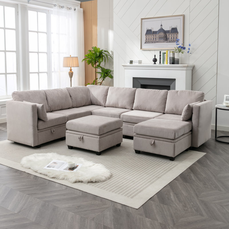 Calkins Upholstered Sofa Sectional, Light Gray Polyester