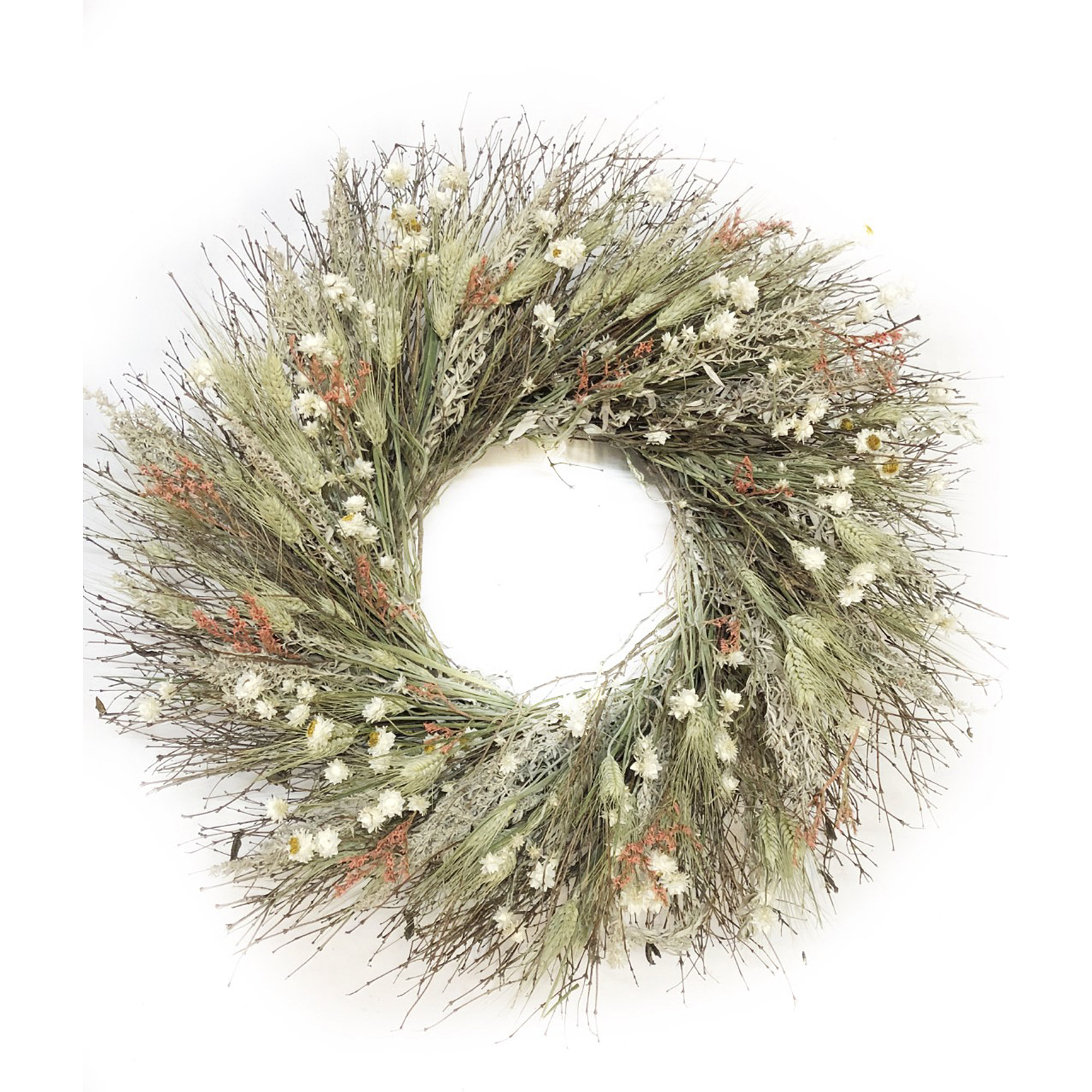 Chou Dried Flower Twigs, Green Wheat, Artemisia, Ammobium, and Coral Statice Wildflowers Wreath, 30" H x 30" W x 6" D