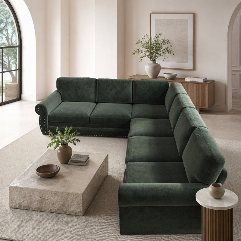 Canapé en L 118 po avec lit escamotable, canapé-lit convertible surdimensionné avec garniture cloutée et accoudoirs roulés, canapé modulaire revêtu de chenille, pour le salon, vert (ancien SKU: W1885S00260)