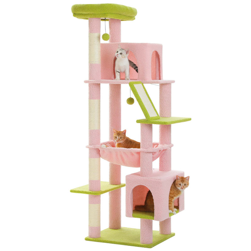 71" Pink and Green Multi-Level Cat Tree with Sisal Posts