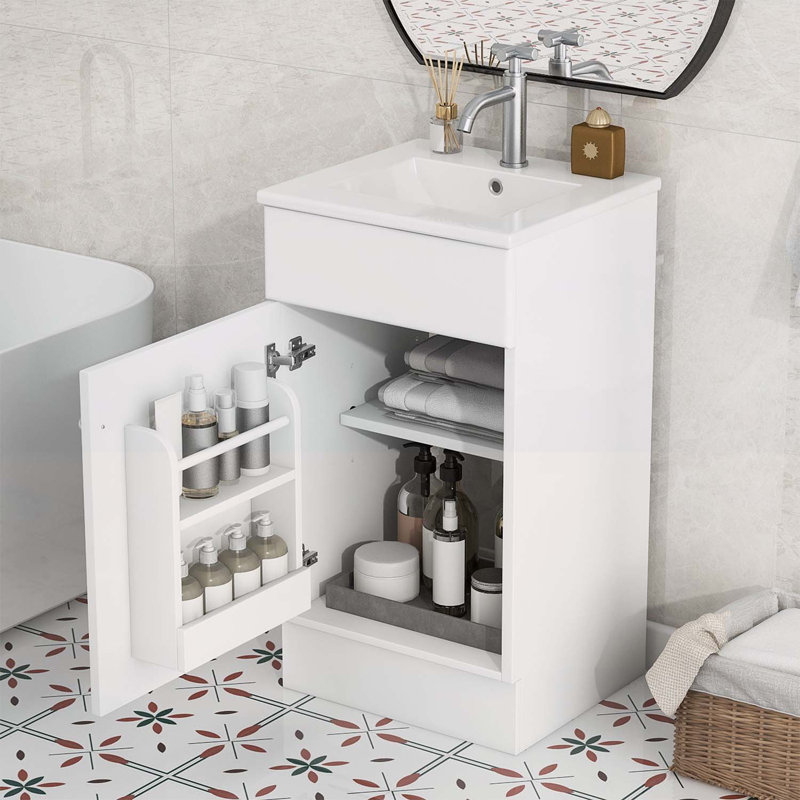 Meuble-lavabo polyvalent avec lavabo et nombreuses options de rangement, Blanc, Argent argent