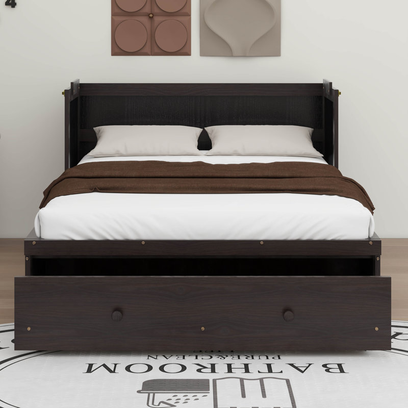 Wyncote Queen Size Murphy Bed, Solid Wood Murphy Bed Frame With USB Port And A Large Drawer, Espresso