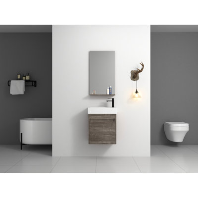 Meuble-lavabo mural de 18 po de style moderne avec lavabo en résine blanche, fonction de fermeture en douceur et contreplaqué installé avec une finition esthétique en chêne gris à carreaux fermés pour un espace luxueux