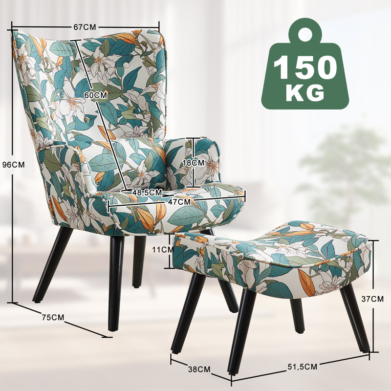 Kade Upholstered Armchair with Footstool, Green/White Floral