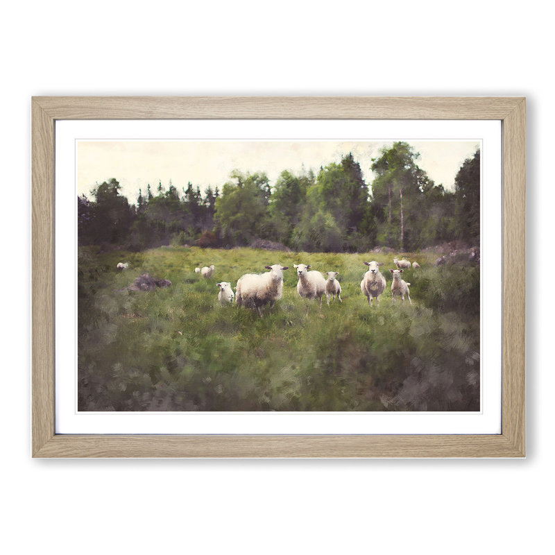 Curious Sheep - Picture Frame Painting, 27cm H x 36cm W x 2cm D, Oak Framed