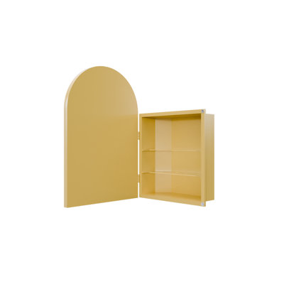 Pharmacie d'angle en métal 18 x 24 pouces avec miroir arqué et tablettes réglables, doré