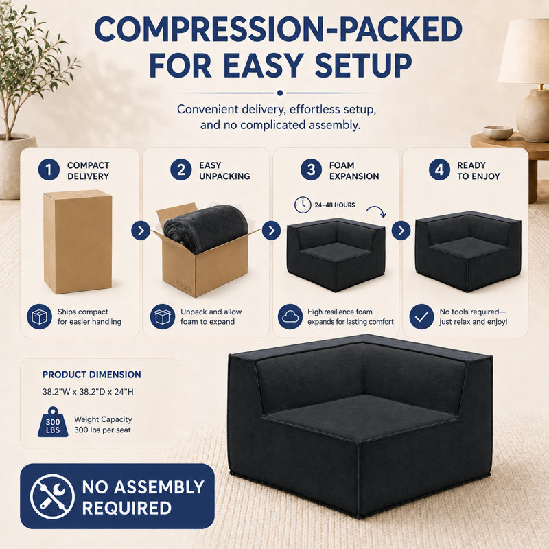 Fauteuil de coin modulaire Comfy Cloud 38 po, module de canapé en mousse à compression, aucun assemblage requis